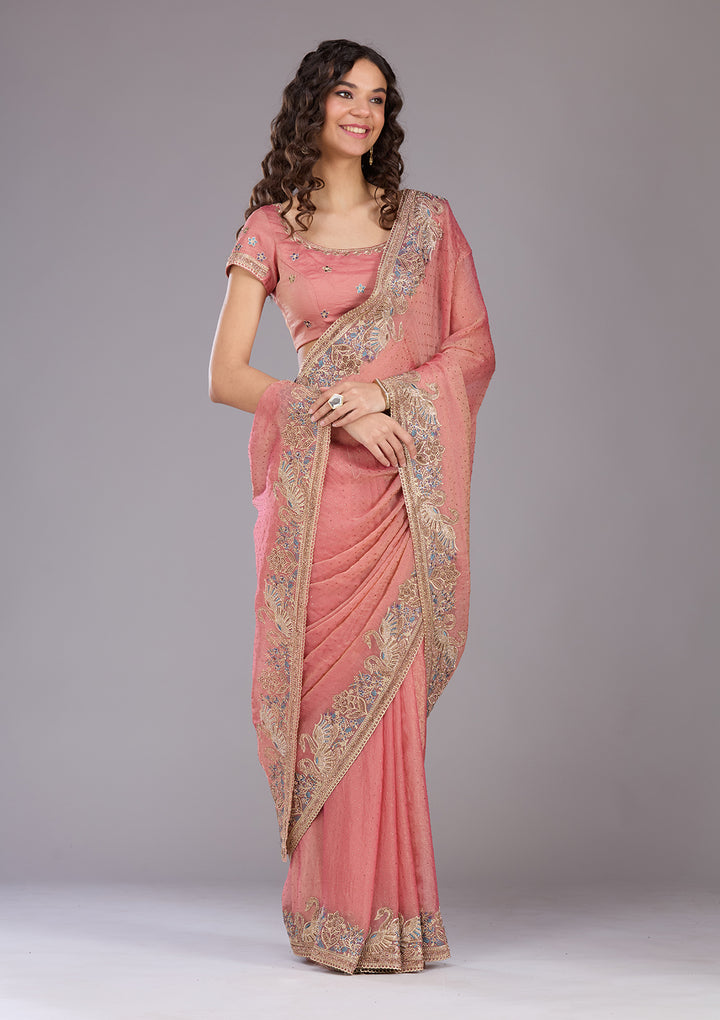 Onion Pink Stonework (Gold) Tissue Saree