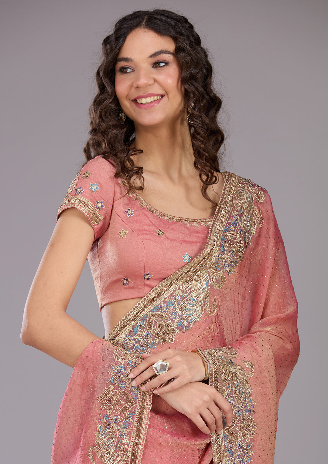 Onion Pink Stonework (Gold) Tissue Saree