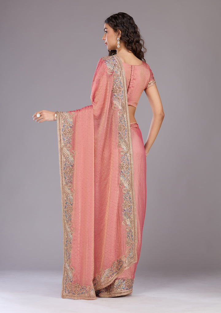 Onion Pink Stonework (Gold) Tissue Saree