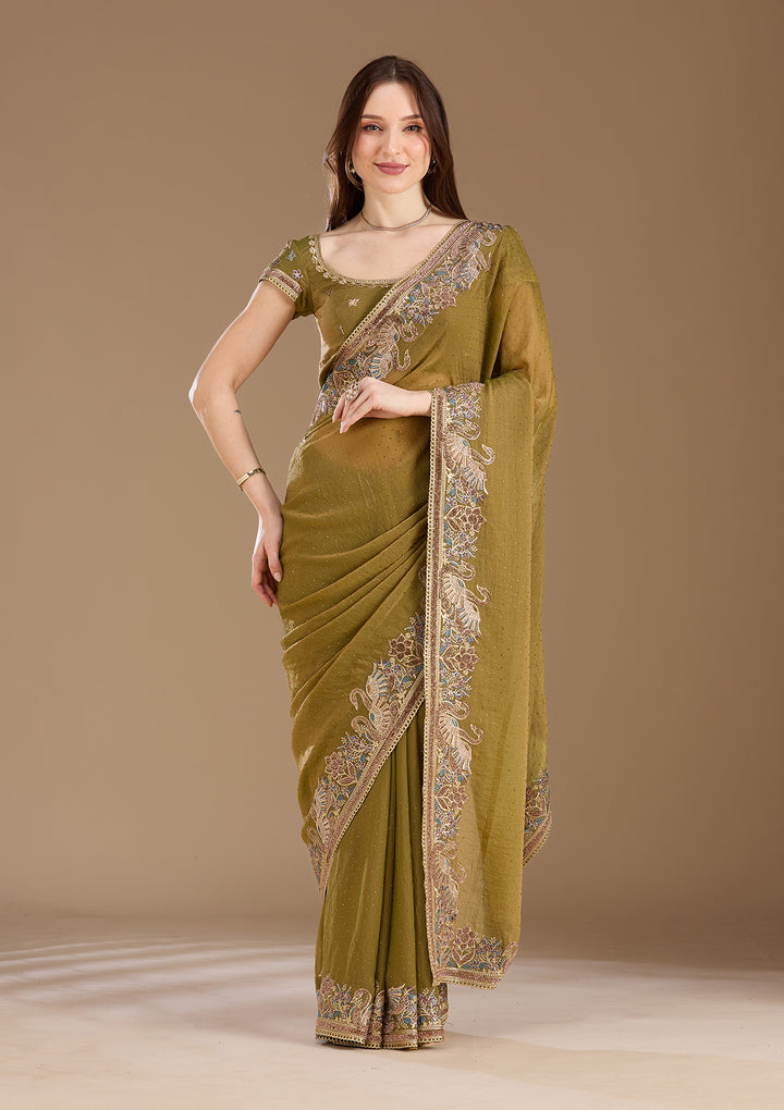 Pista Green Stonework (Gold) Tissue Saree