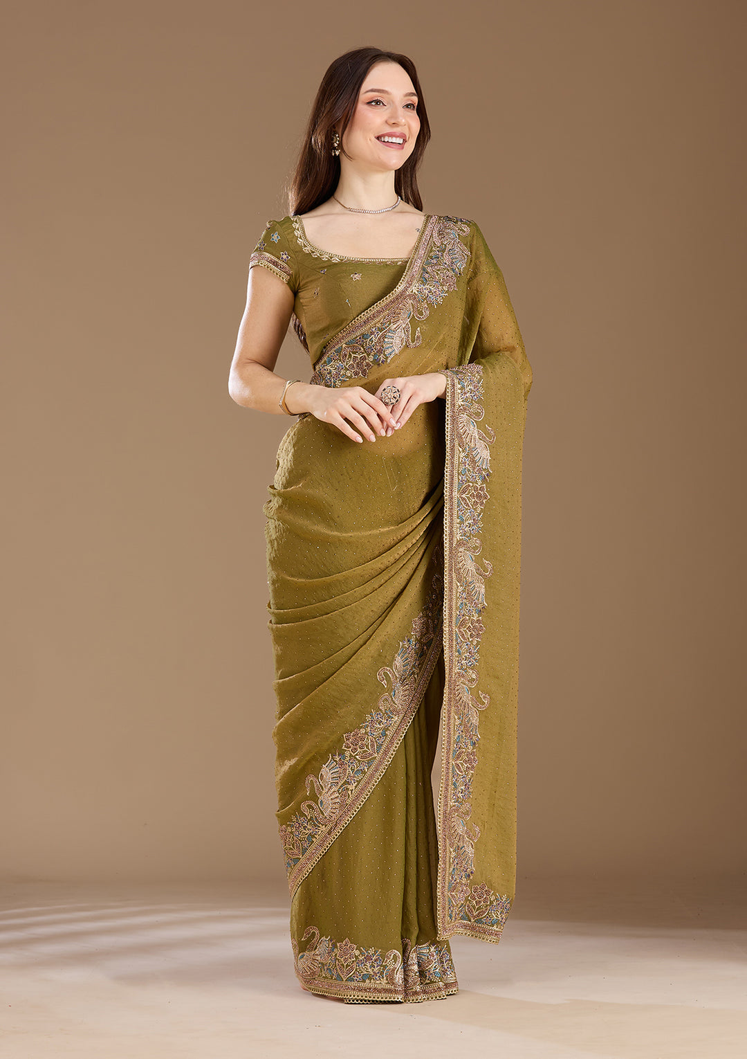 Pista Green Stonework (Gold) Tissue Saree