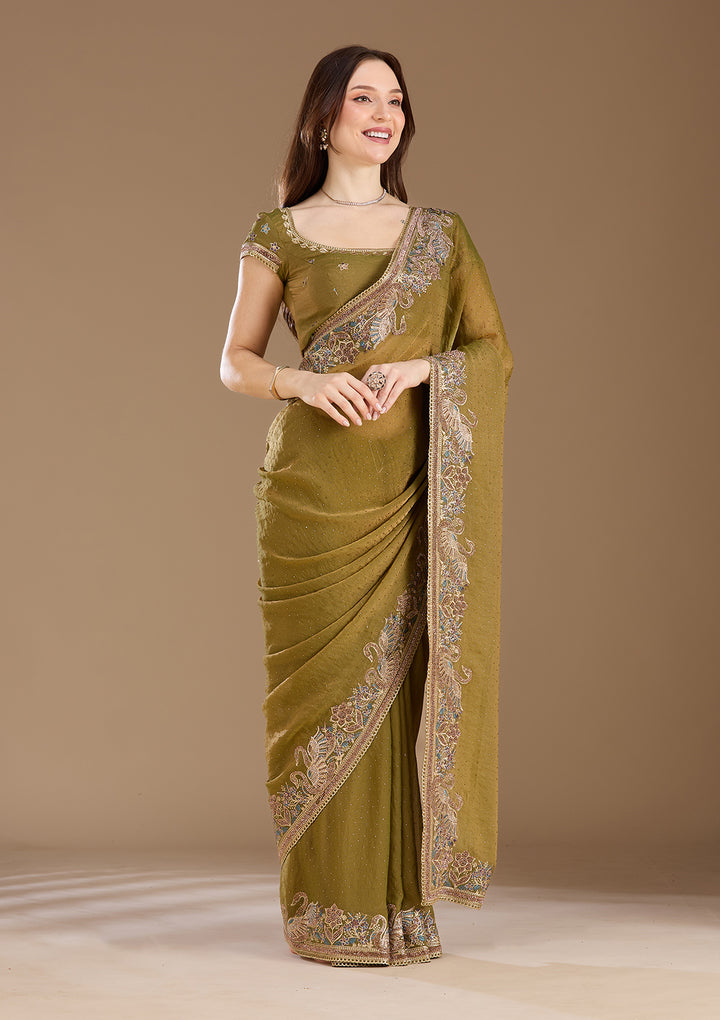 Pista Green Stonework (Gold) Tissue Saree