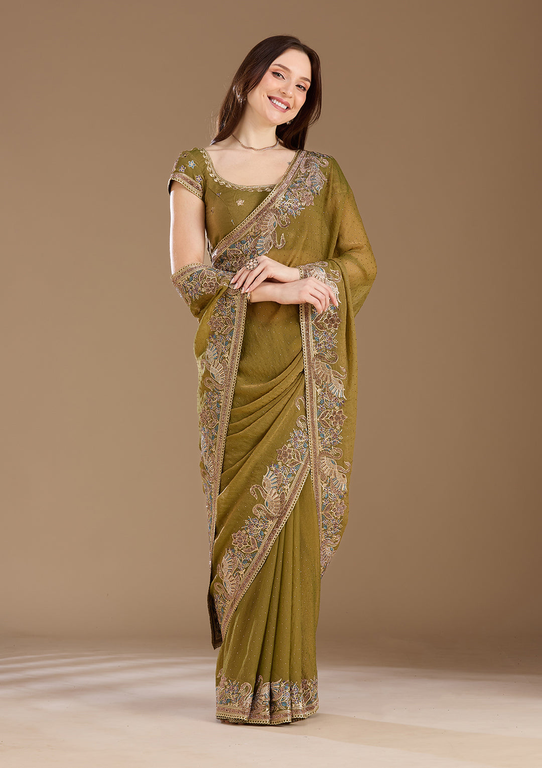 Pista Green Stonework (Gold) Tissue Saree