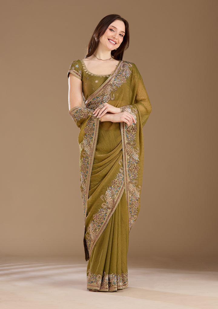 Pista Green Stonework (Gold) Tissue Saree