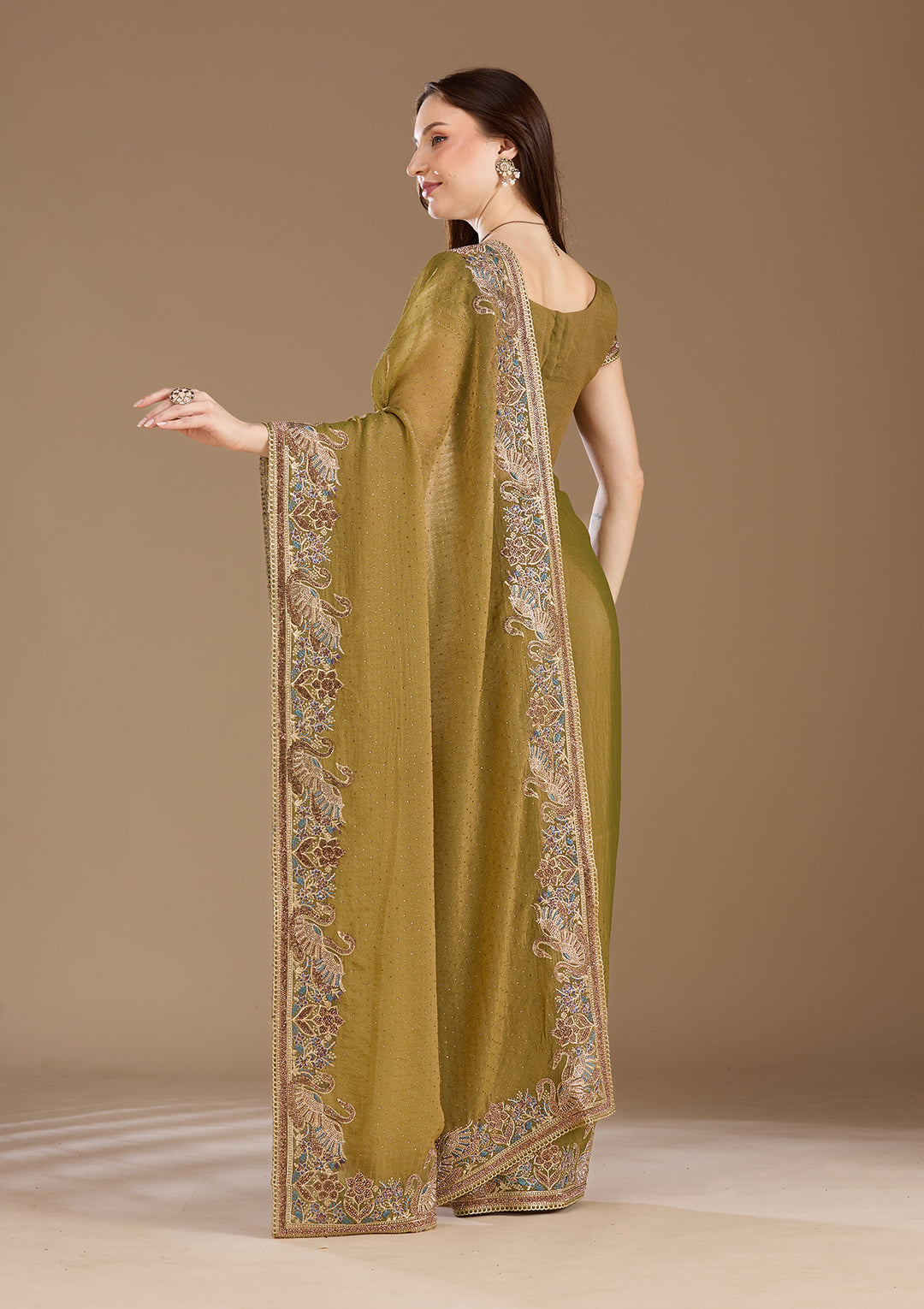 Pista Green Stonework (Gold) Tissue Saree