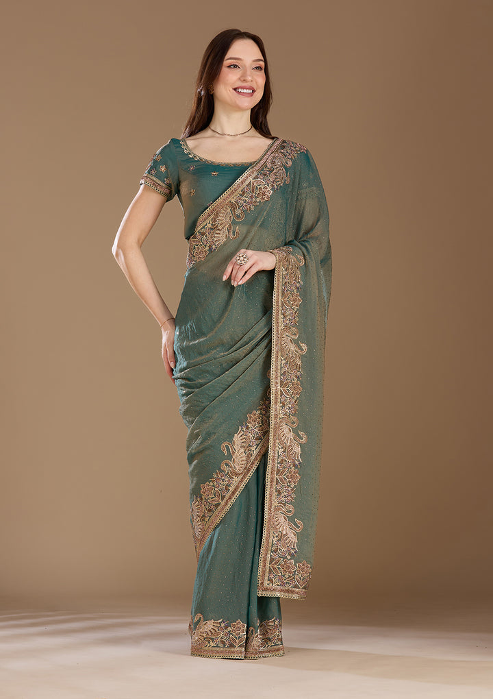 Sea Green Stonework (Gold) Tissue Saree