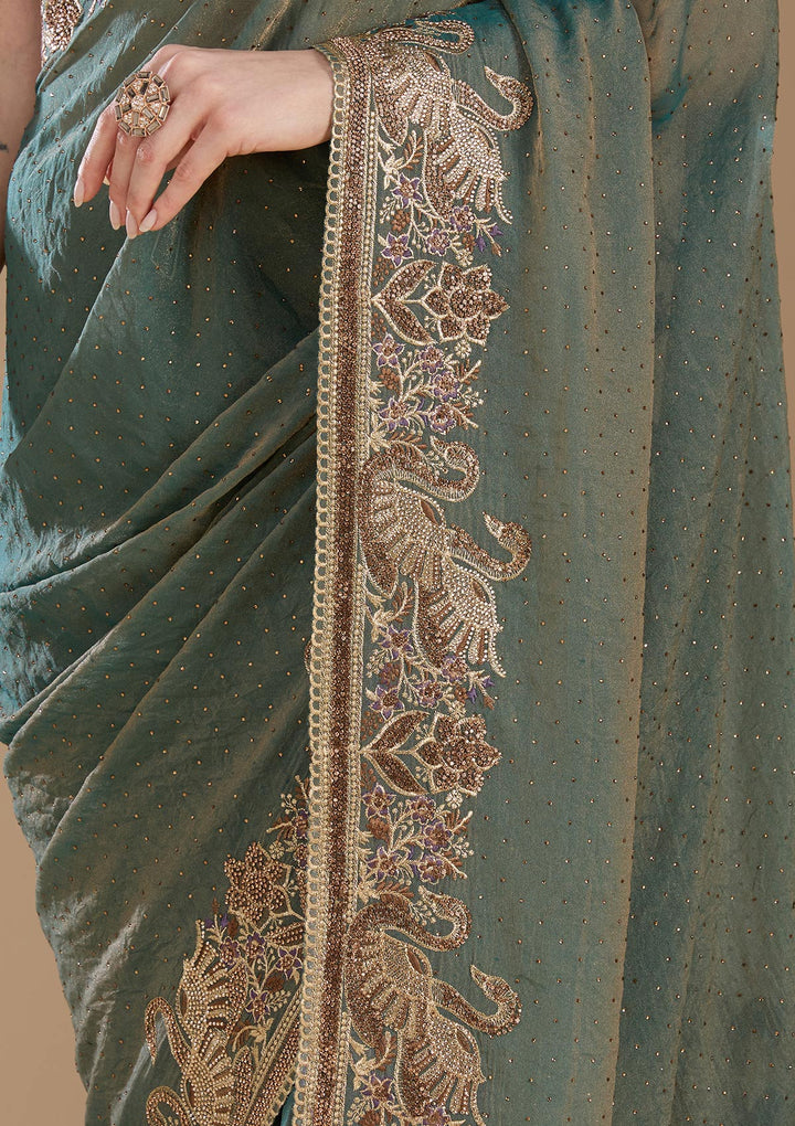 Sea Green Stonework (Gold) Tissue Saree