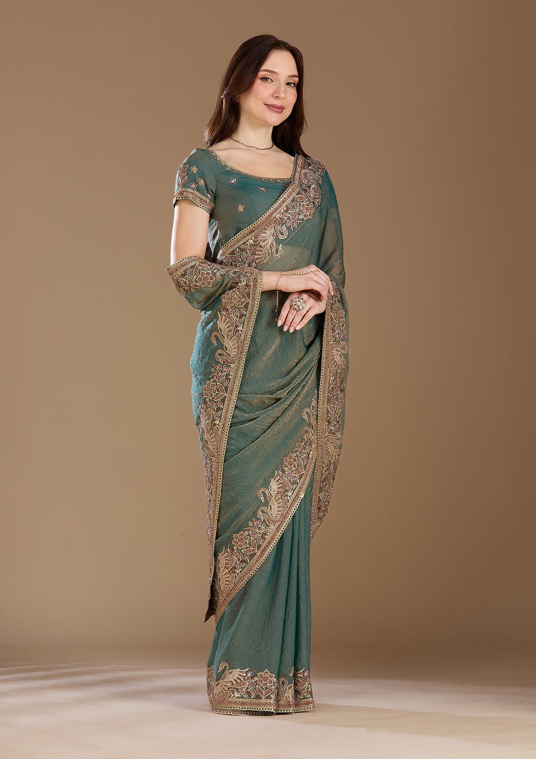 Sea Green Stonework (Gold) Tissue Saree