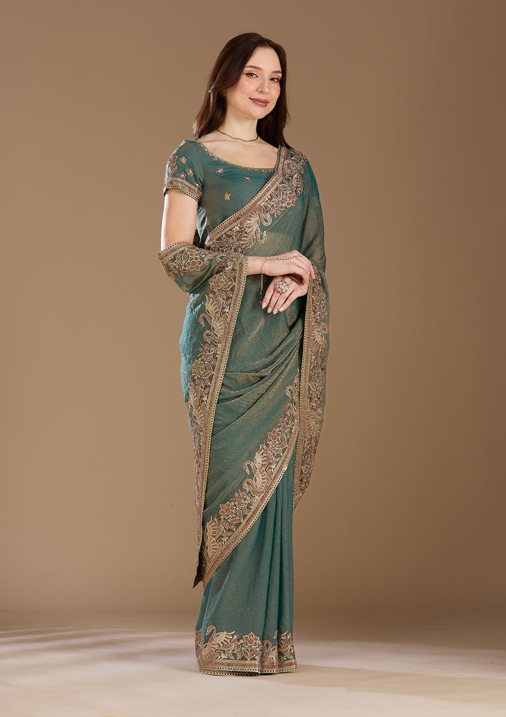 Sea Green Stonework (Gold) Tissue Saree