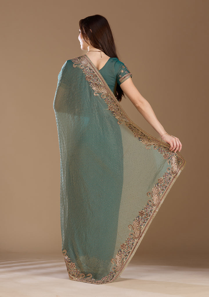 Sea Green Stonework (Gold) Tissue Saree