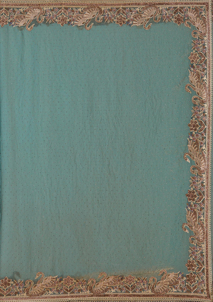 Sea Green Stonework (Gold) Tissue Saree