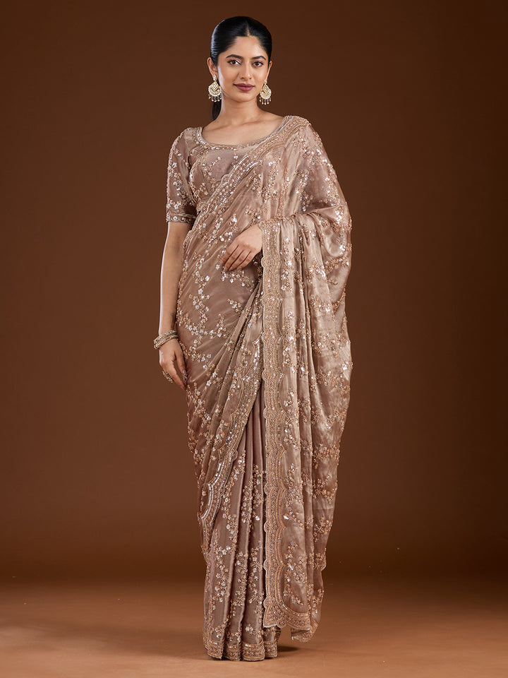Light Brown Cutdana Tissue Saree
