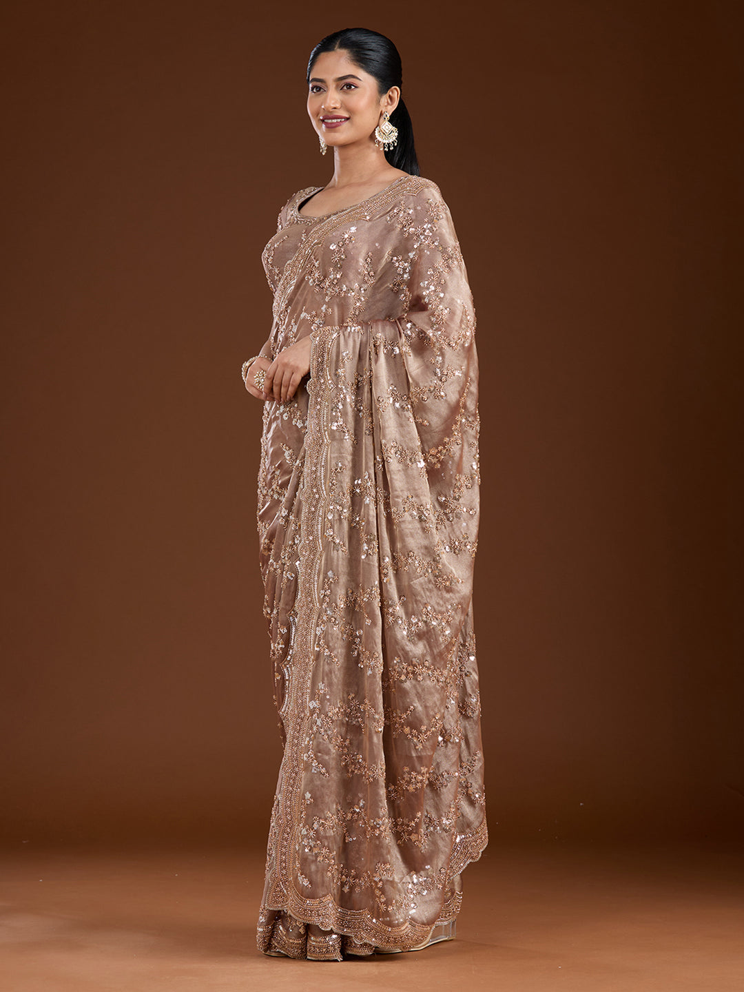 Light Brown Cutdana Tissue Saree
