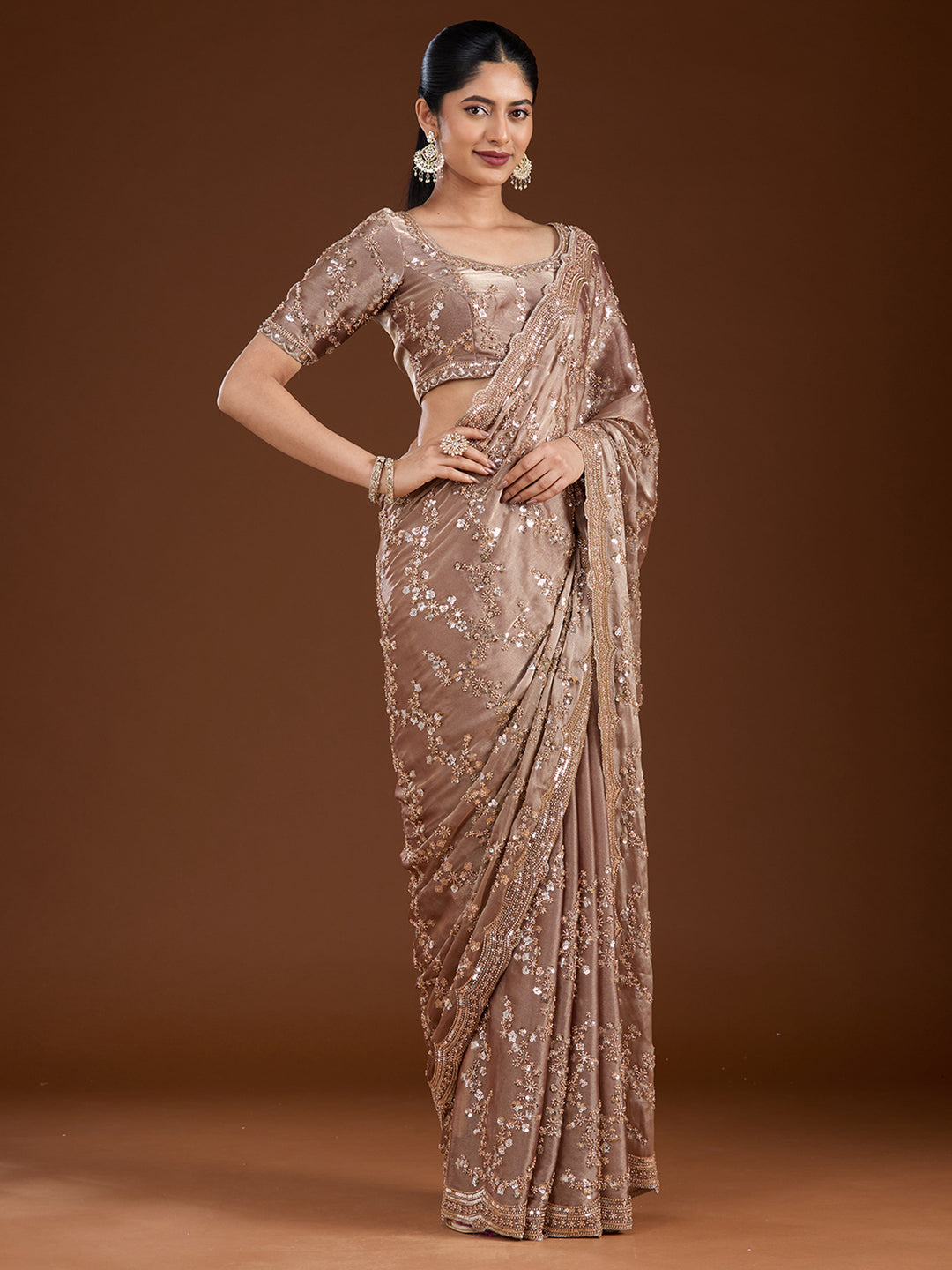 Light Brown Cutdana Tissue Saree