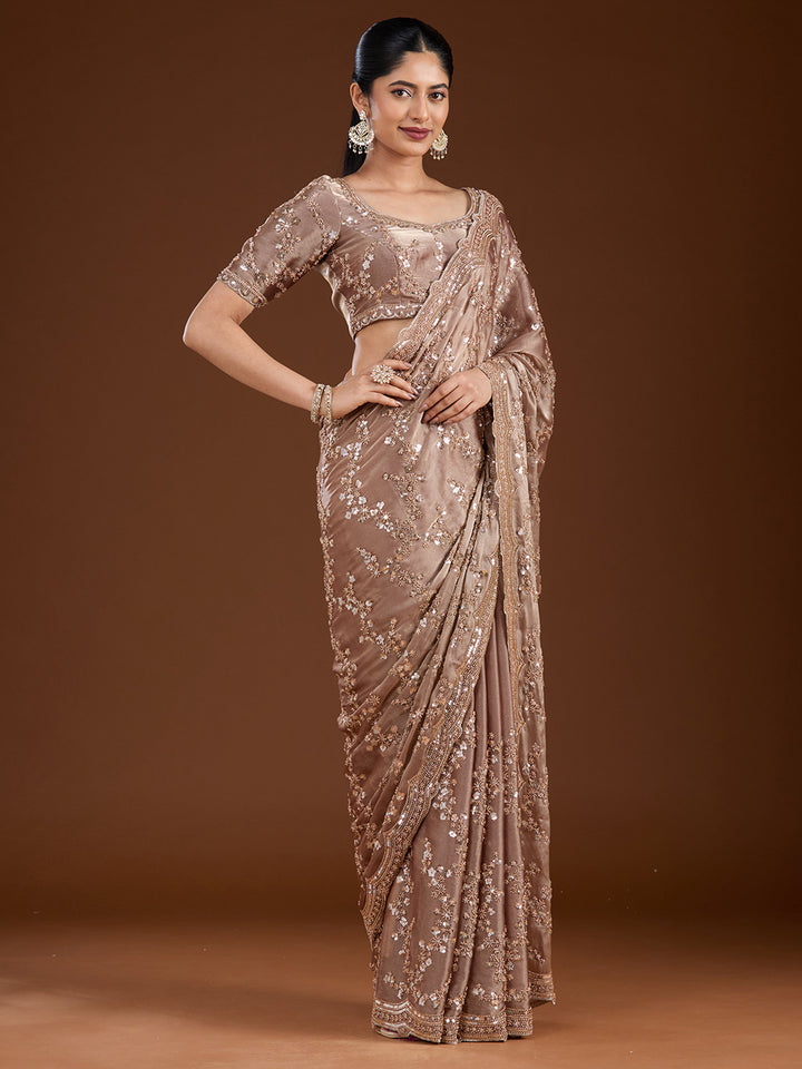 Light Brown Cutdana Tissue Saree