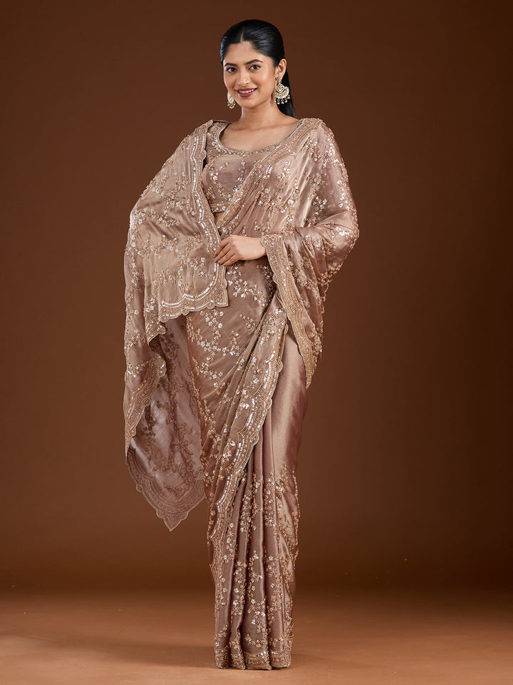 Light Brown Cutdana Tissue Saree