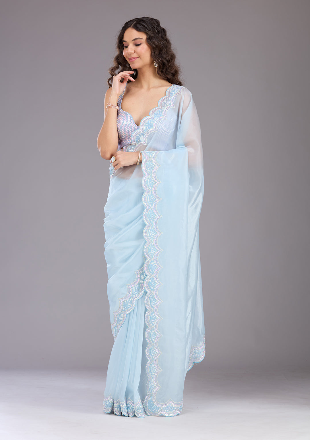 Sky Blue Sequins Organza Saree