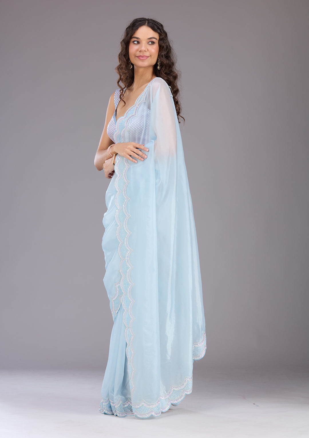 Sky Blue Sequins Organza Saree