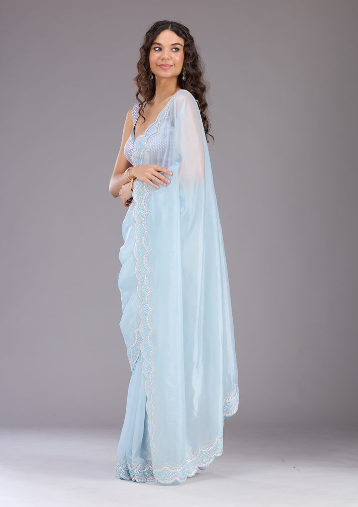 Sky Blue Sequins Organza Saree