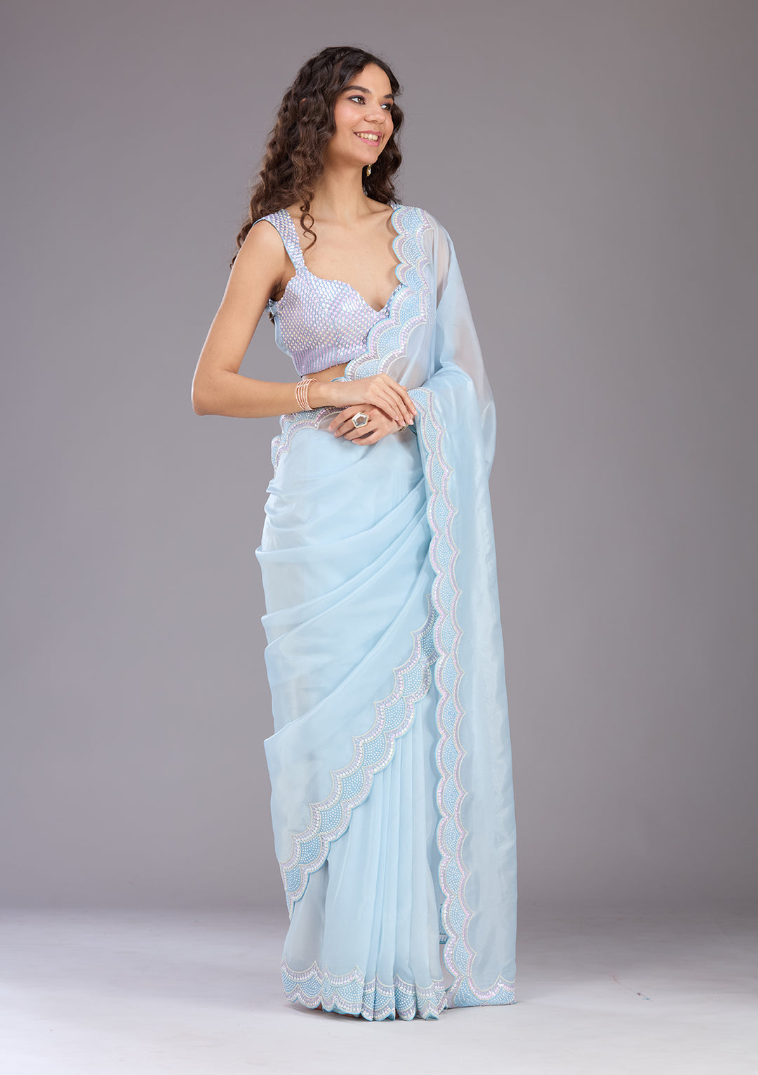 Sky Blue Sequins Organza Saree