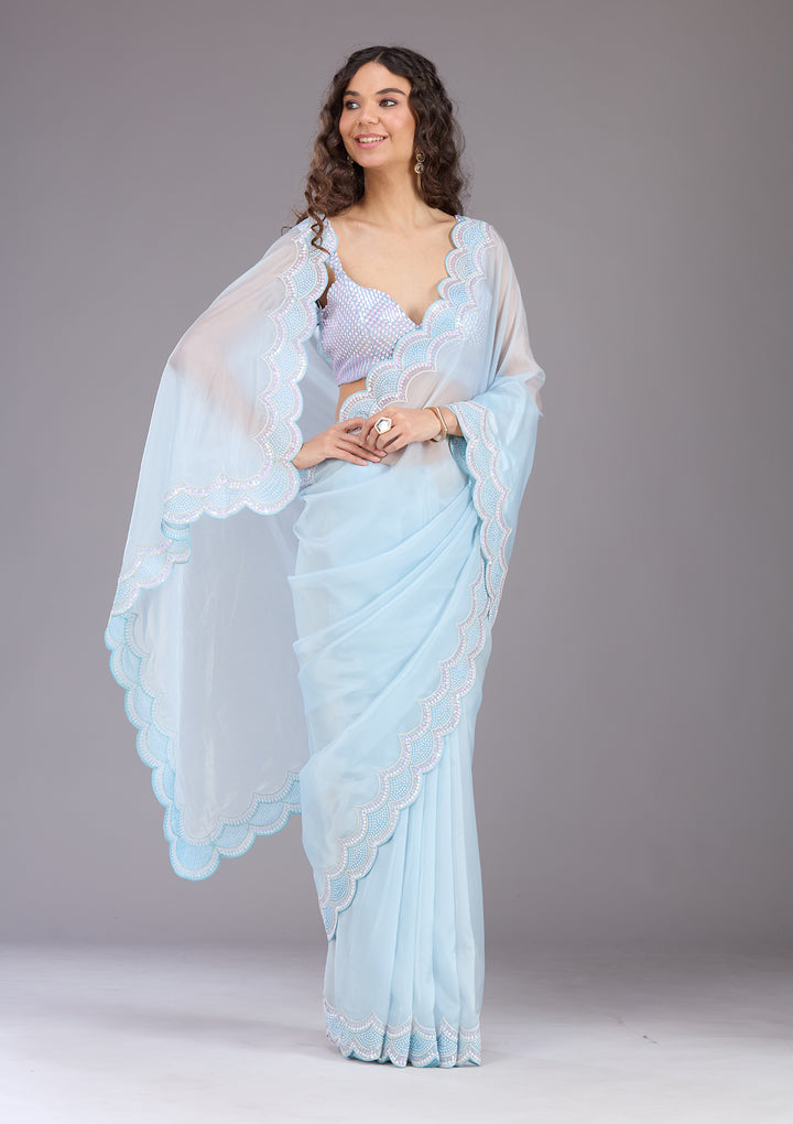 Sky Blue Sequins Organza Saree