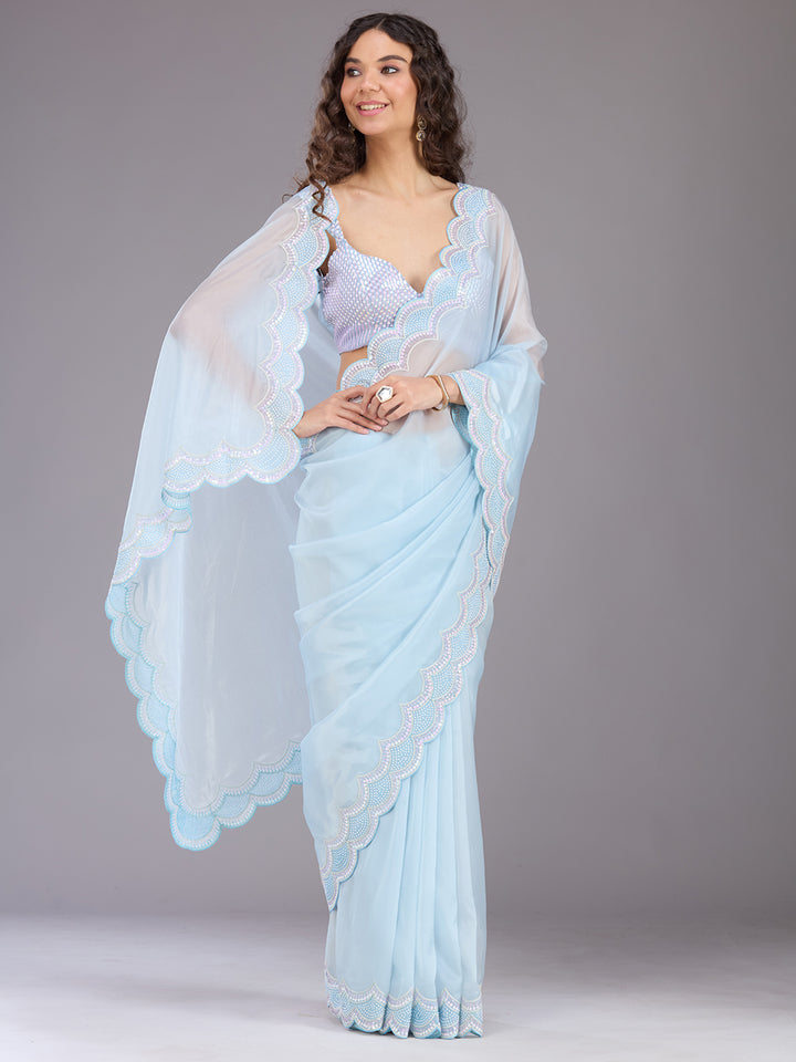 Sky Blue Sequins Organza Saree