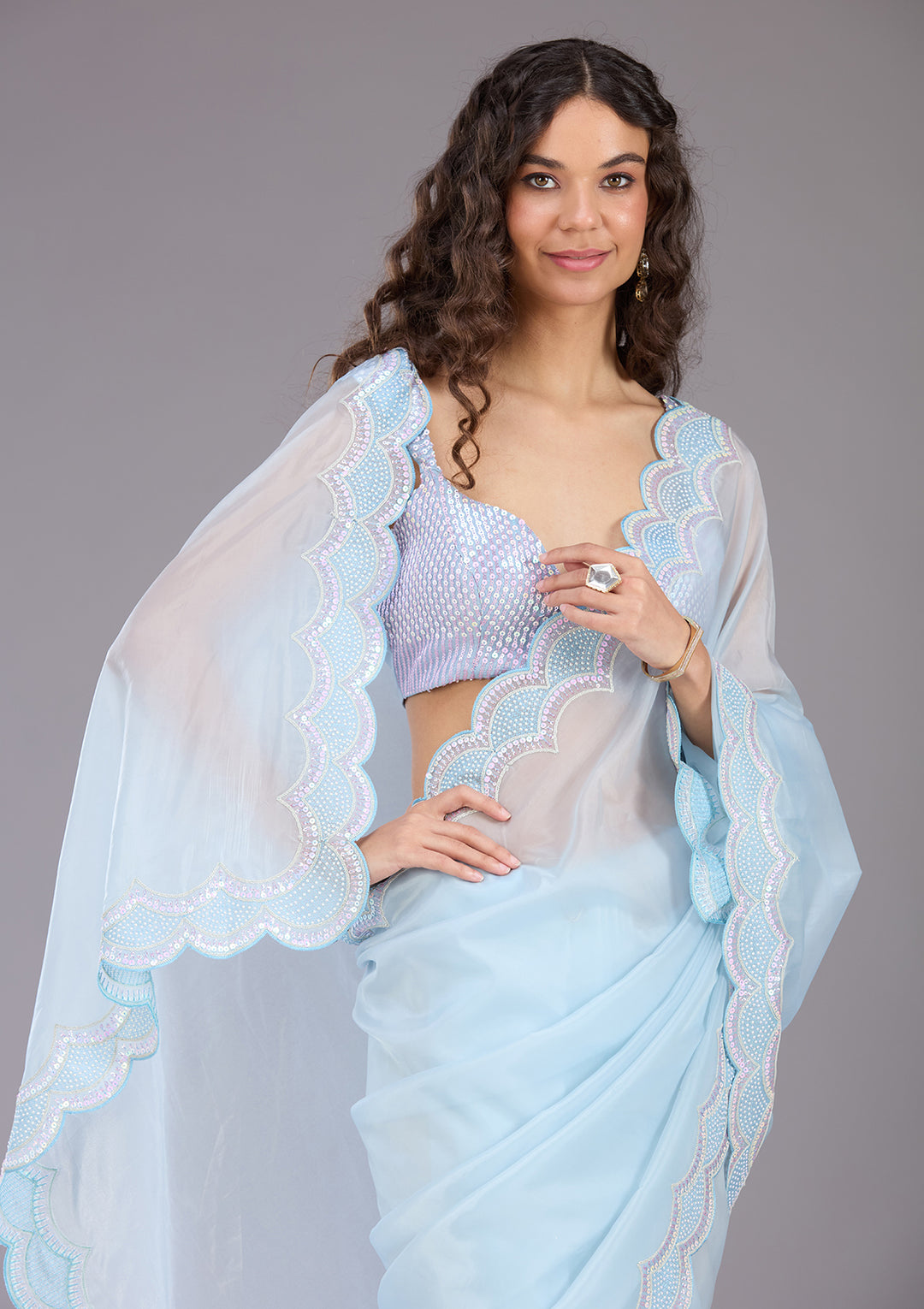 Sky Blue Sequins Organza Saree