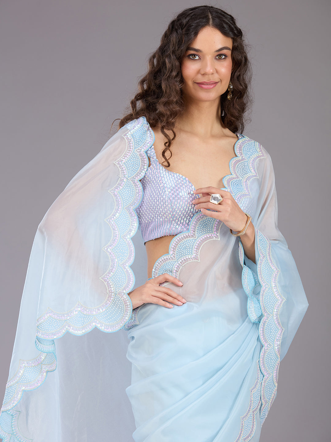 Sky Blue Sequins Organza Saree