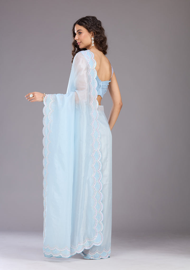 Sky Blue Sequins Organza Saree