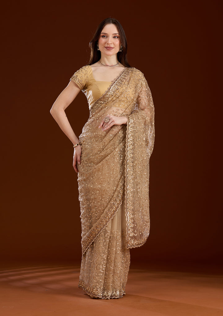 Gold Sequins Net Saree