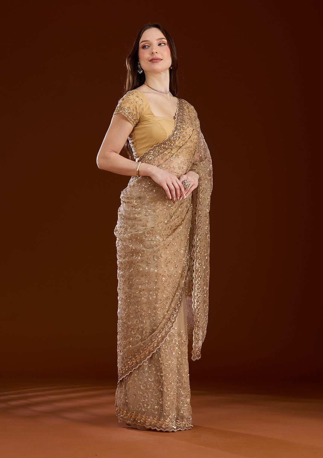 Gold Sequins Net Saree