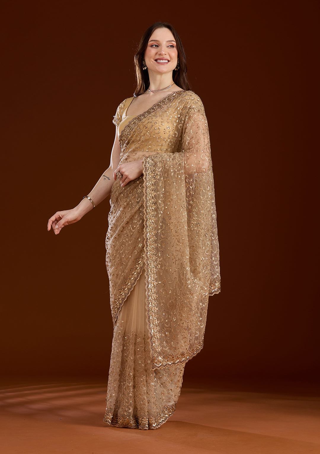 Gold Sequins Net Saree
