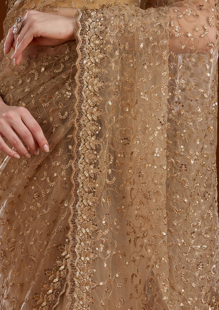 Gold Sequins Net Saree