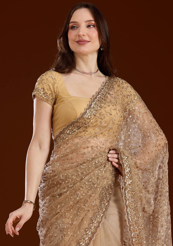Gold Sequins Net Saree