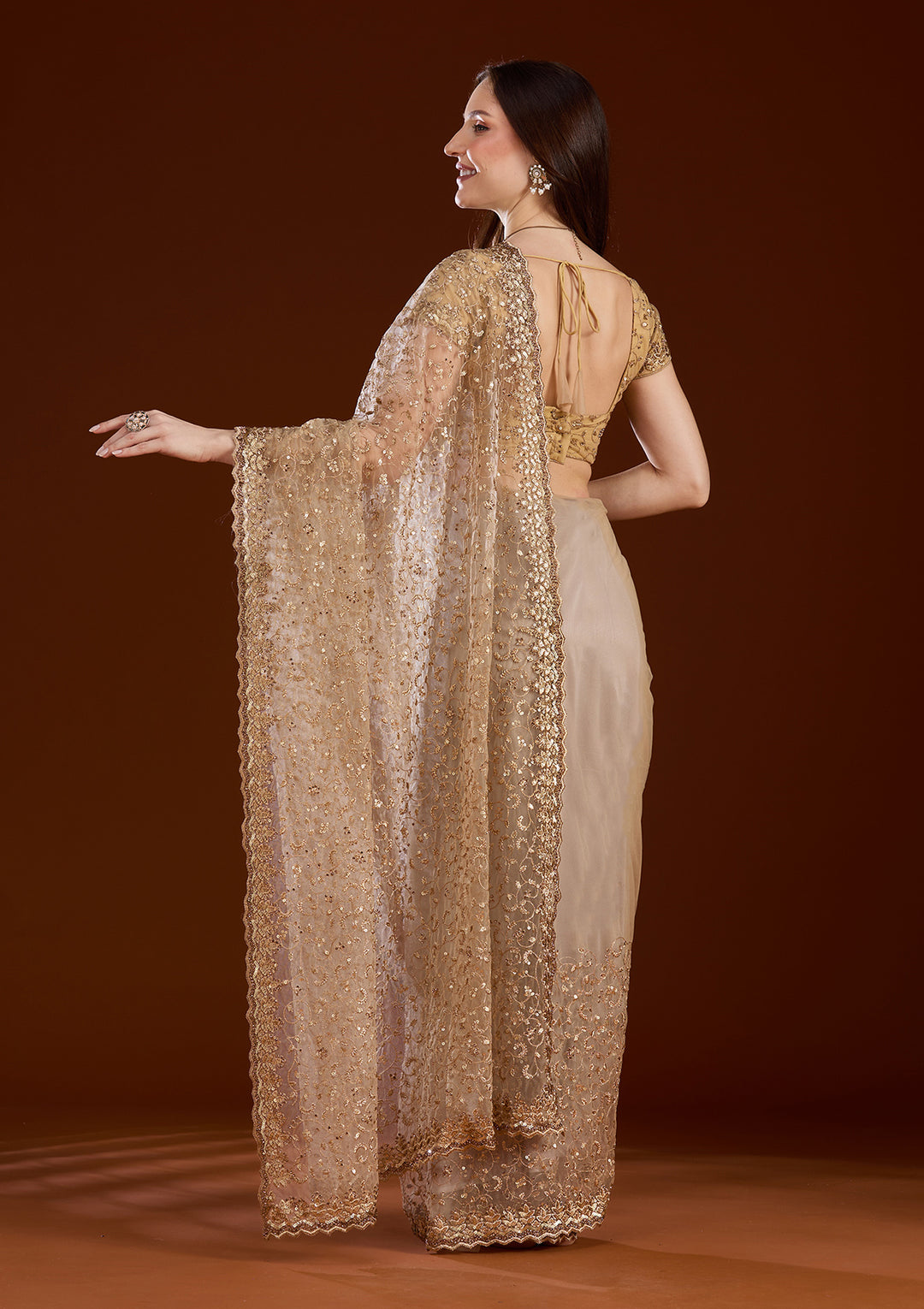 Gold Sequins Net Saree
