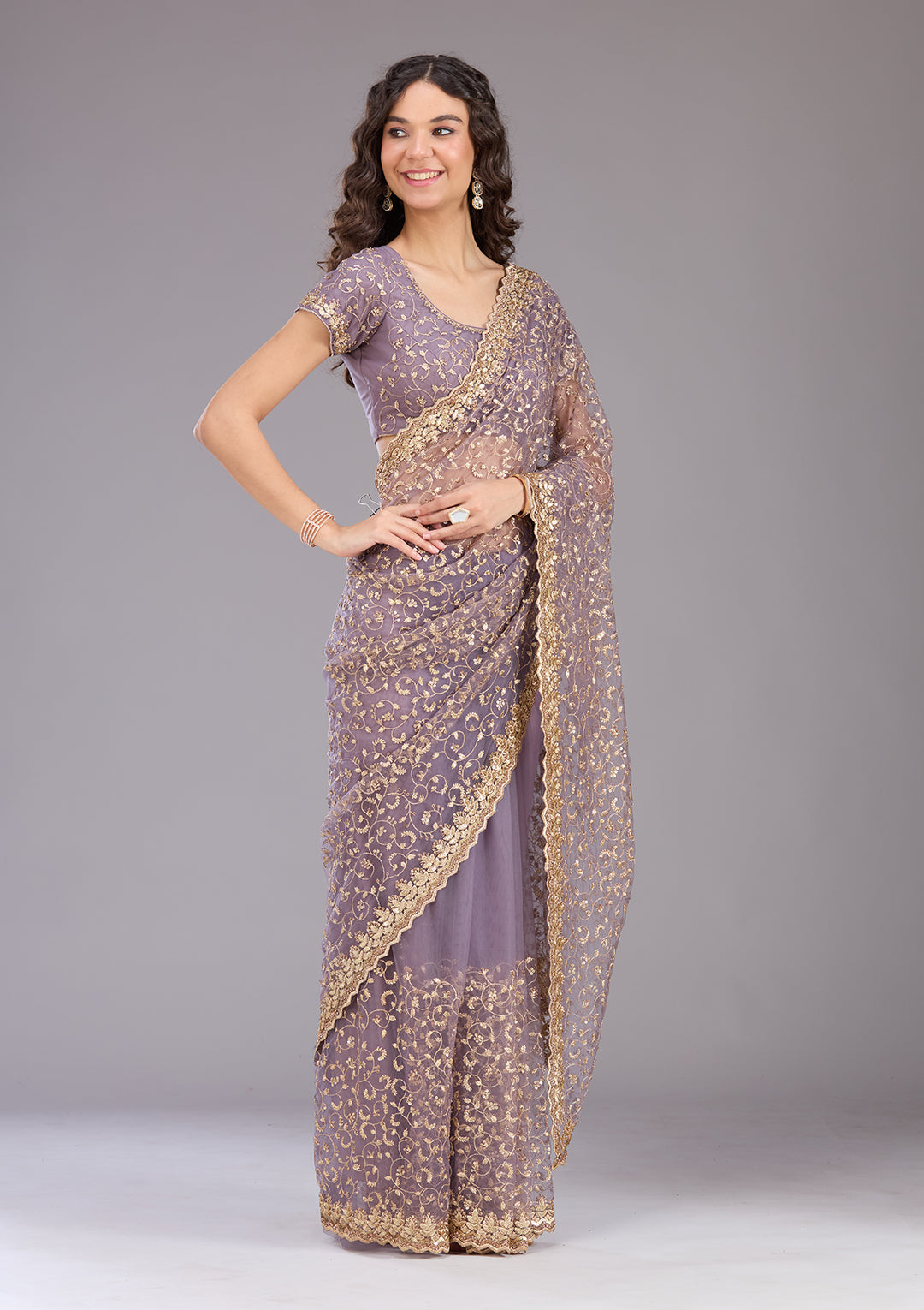 Lavender Sequins Net Saree