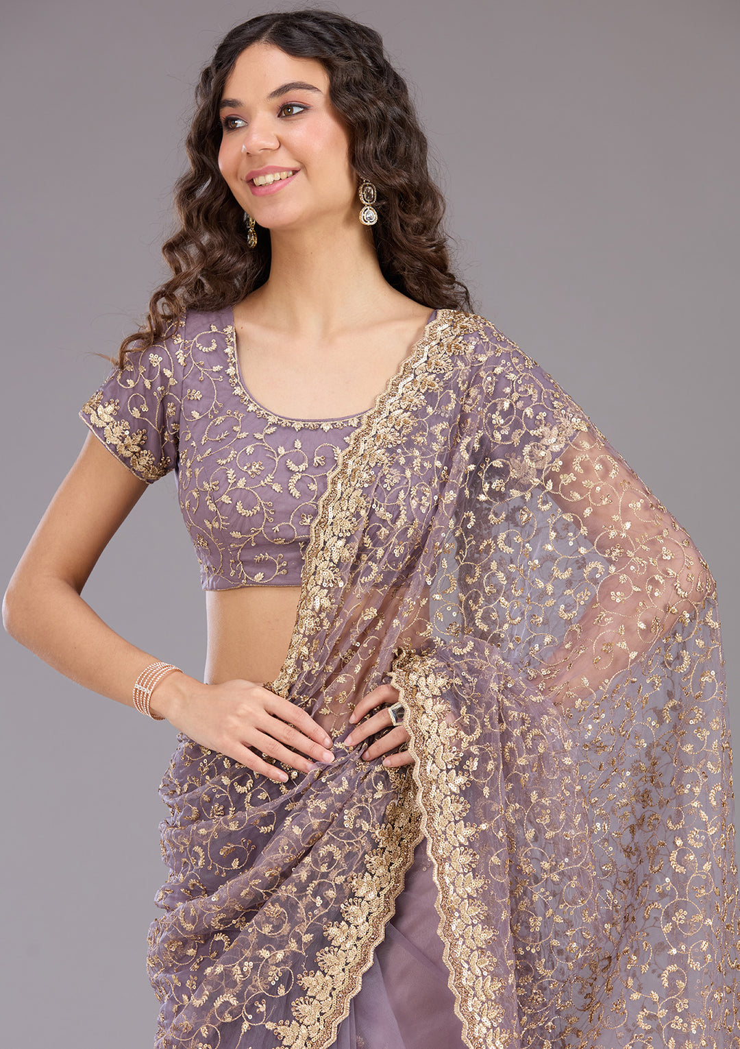 Lavender Sequins Net Saree