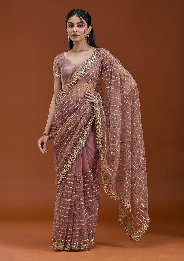 Onion Pink Sequins Net Saree