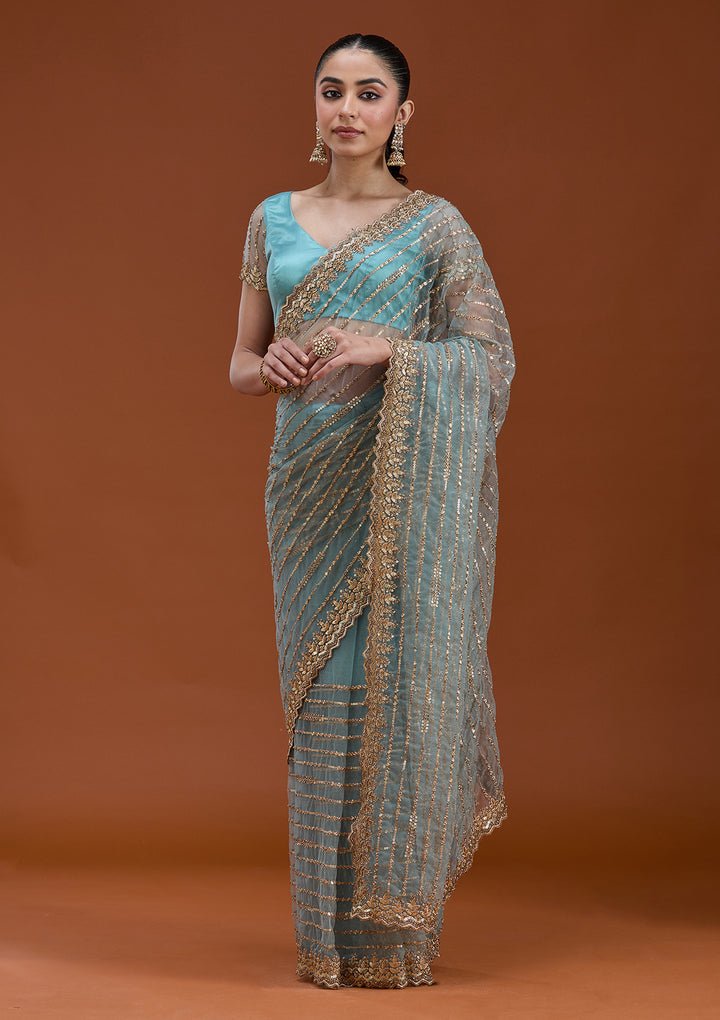 Sea Green Sequins Net Saree