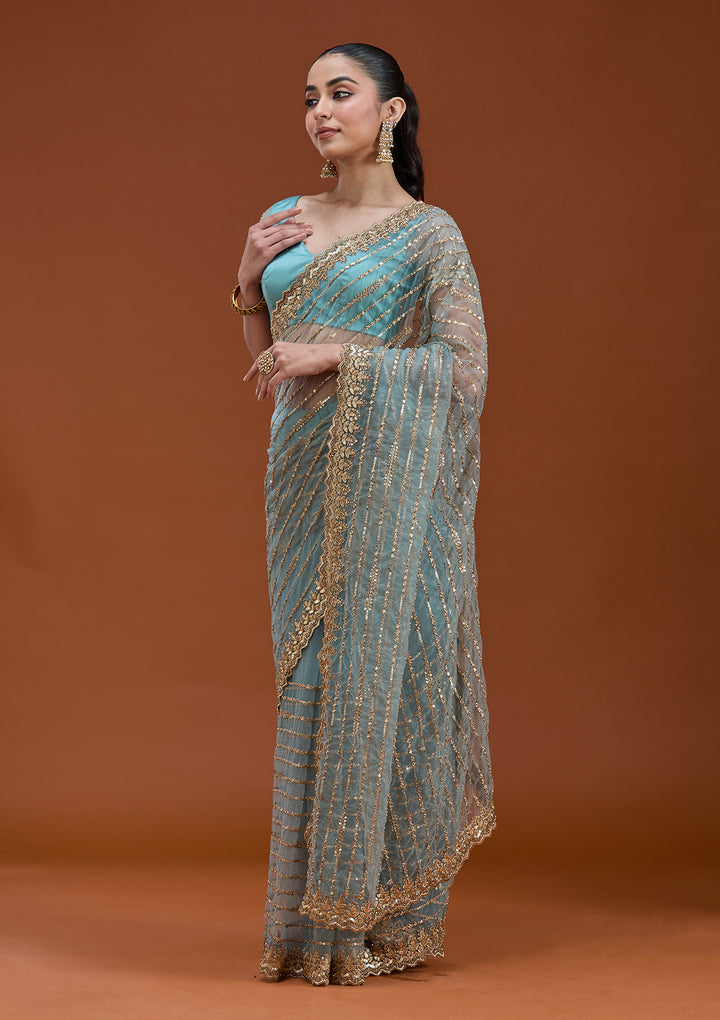 Sea Green Sequins Net Saree