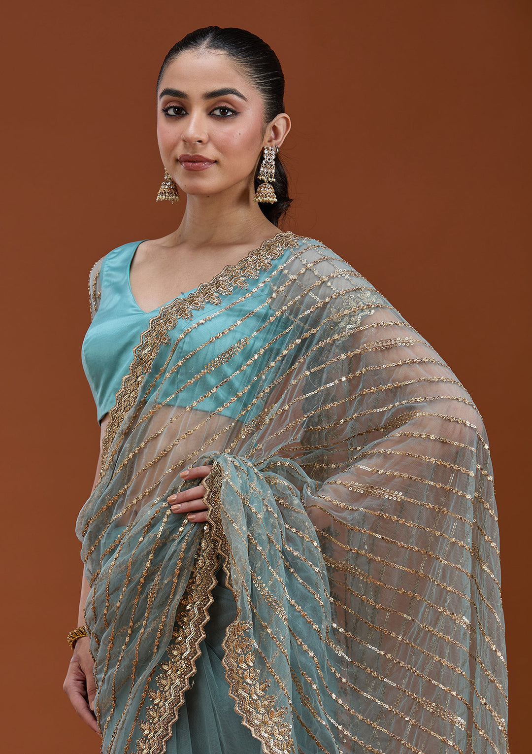 Sea Green Sequins Net Saree