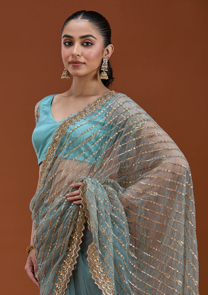 Sea Green Sequins Net Saree