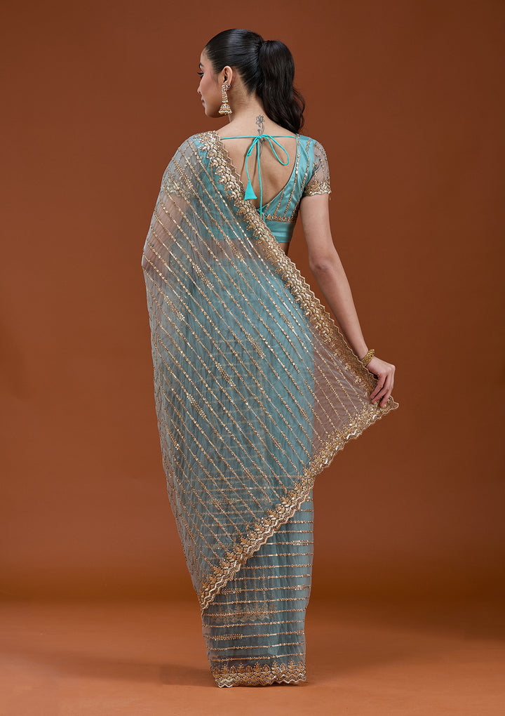 Sea Green Sequins Net Saree
