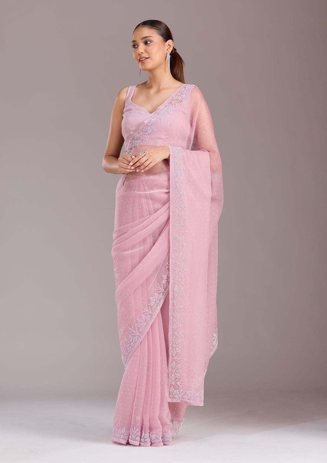 Mauve Stonework (Silver) Chiffon Saree