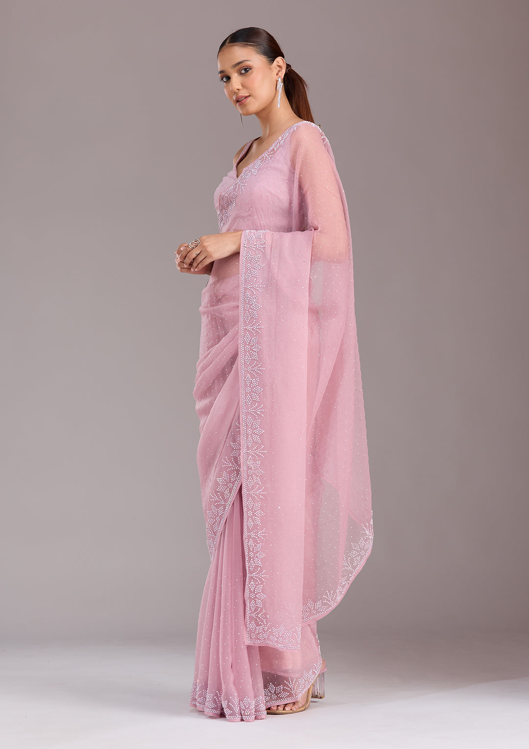 Mauve Stonework (Silver) Chiffon Saree