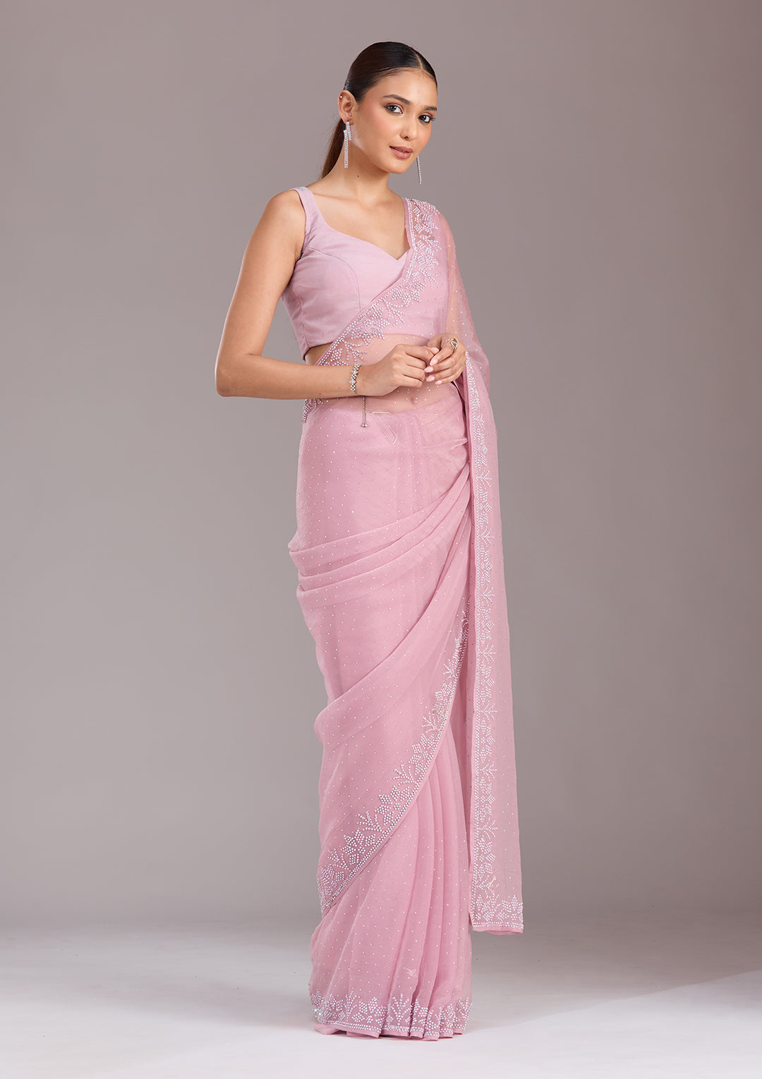 Mauve Stonework (Silver) Chiffon Saree