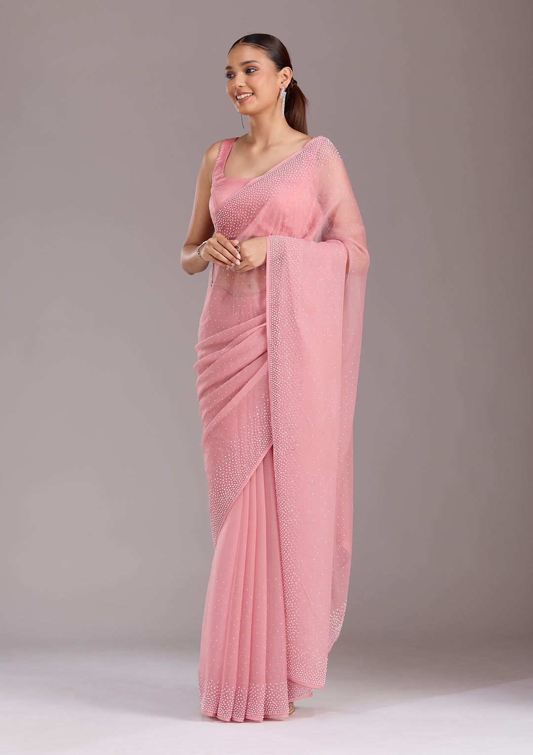 Gajari Pink Stonework (Silver) Chiffon Saree