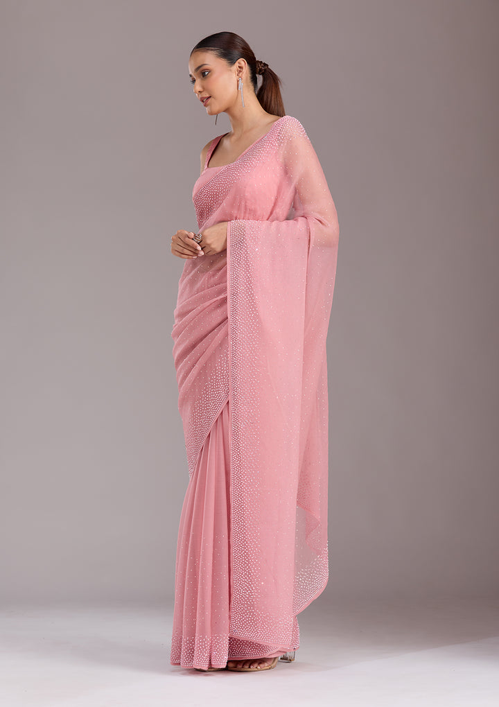 Gajari Pink Stonework (Silver) Chiffon Saree