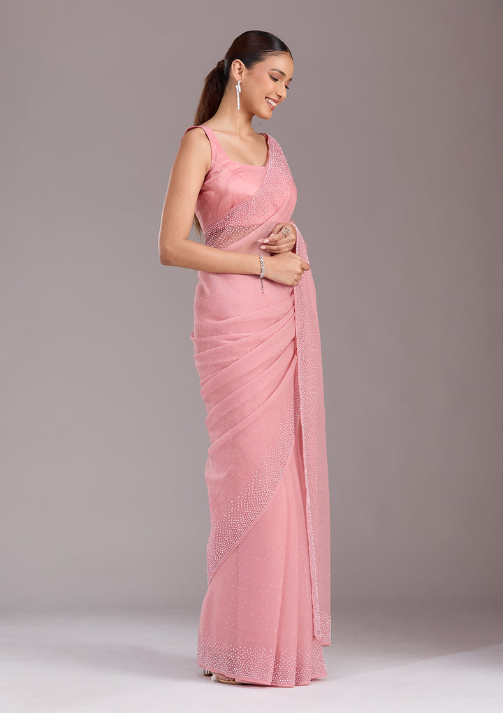 Gajari Pink Stonework (Silver) Chiffon Saree