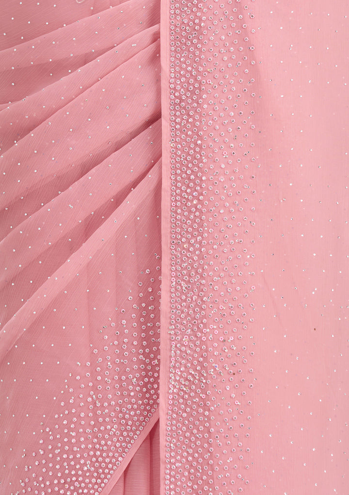 Gajari Pink Stonework (Silver) Chiffon Saree